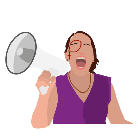 Femme en train de crier, un hygiaphone à la main